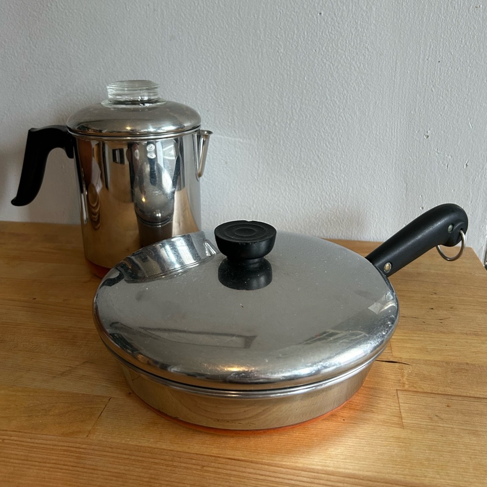 Vintage Revereware set: 6 cup stovetop percolator & egg poaching pan